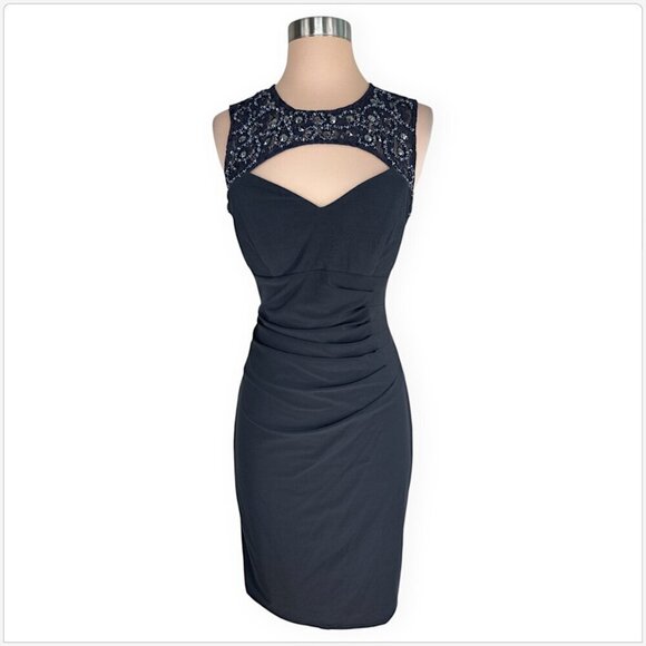 Cache Dark Gray Embellished Cutout Neckline Lace Trim Cocktail Ruched Dress 8 - Picture 2 of 5